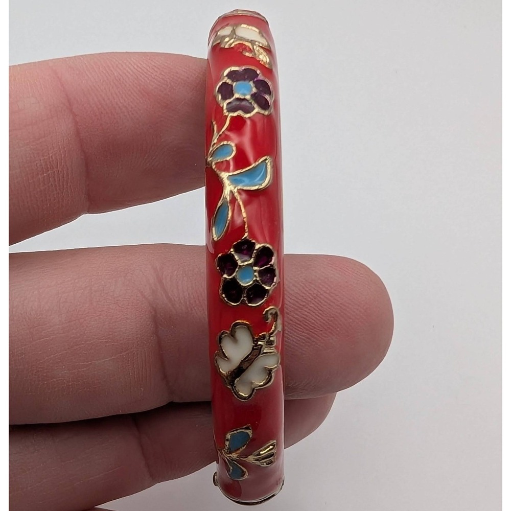 Vintage Jiu Long Xing Red Cloisonne‎ Enamel Floral Butterfly Hinged Bangle